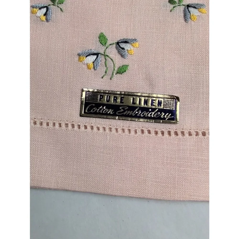 Vintage Floral Embroidered Peach Linen Guest Towels NWT